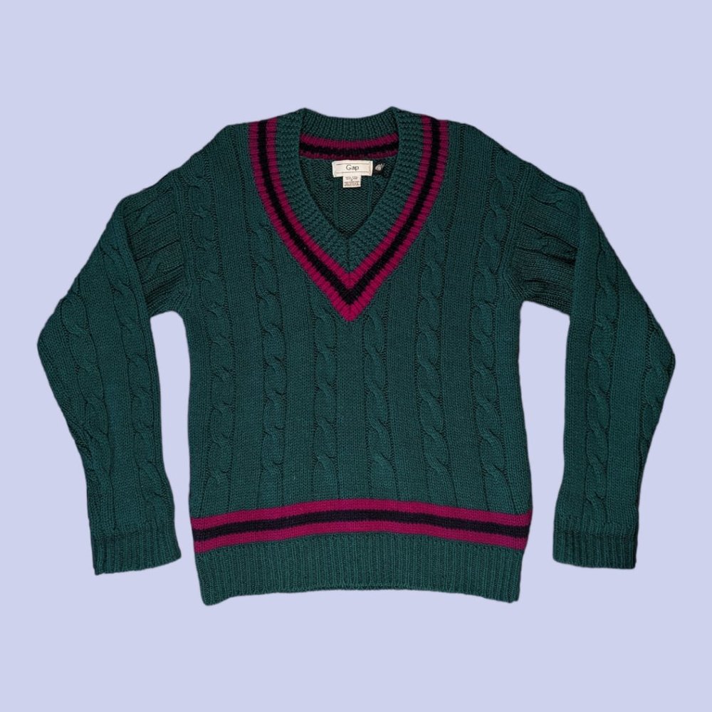 Gap | Vintage Women's Shetland Wool Cable Knit V-Neck Sweater Green Small